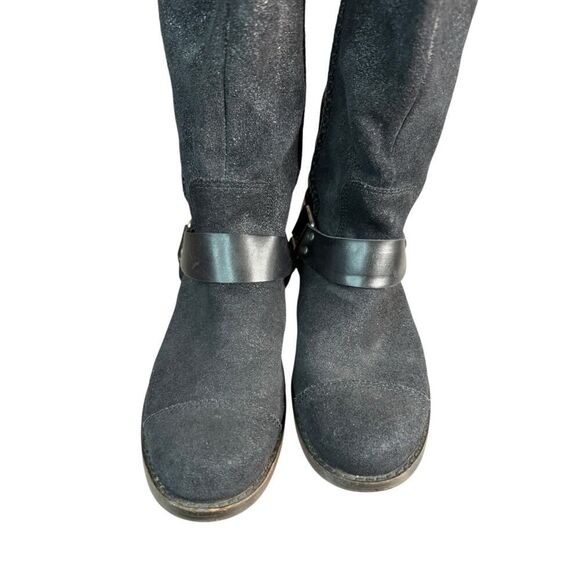 UGG Dree Black Leather Suede Harness Knee Boots Size 7 Round Toe Pull-On Moto - Picture 3 of 10